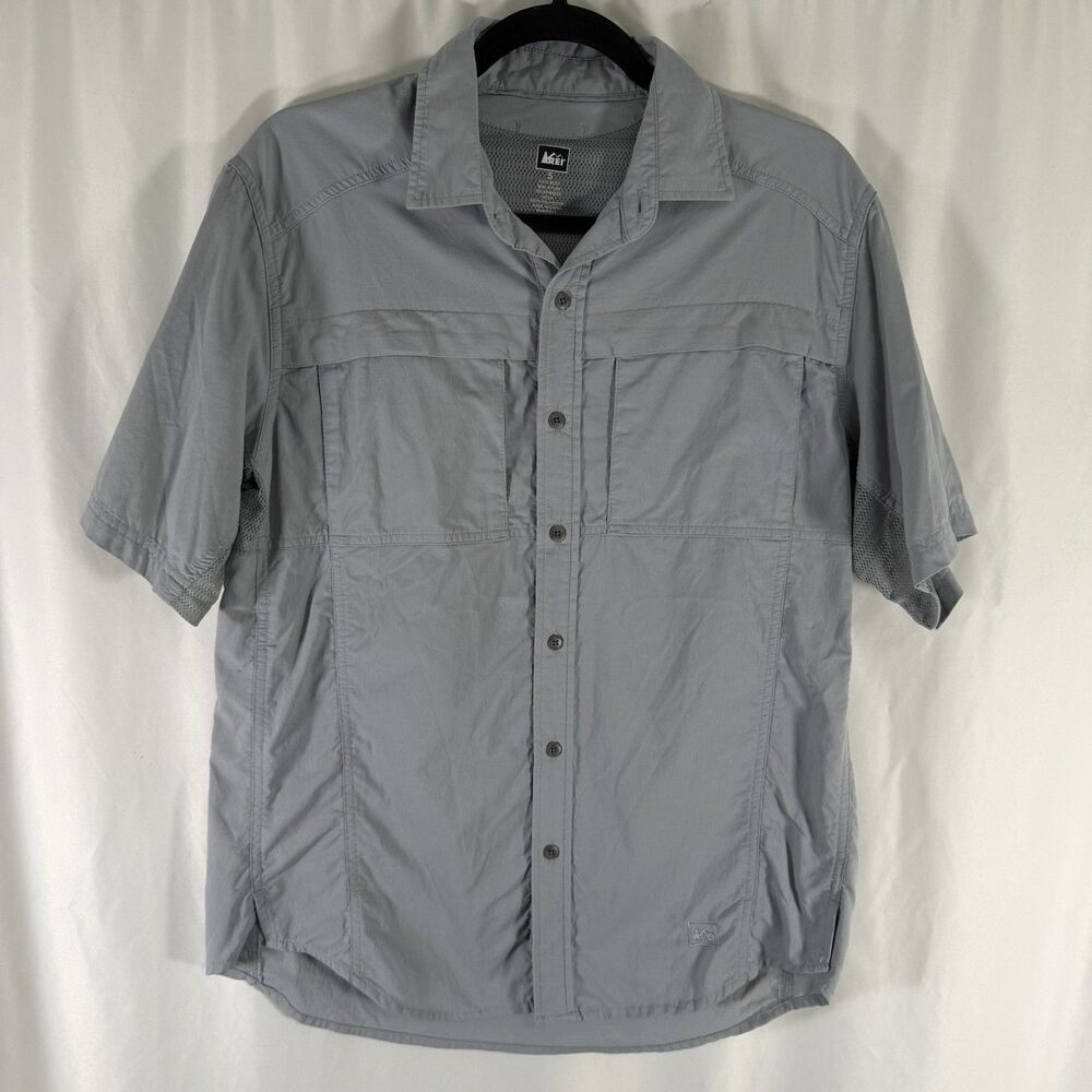 REI Fishing Shirt Men's Small Grey Nylon Hiking Breathable Button Up Pockets